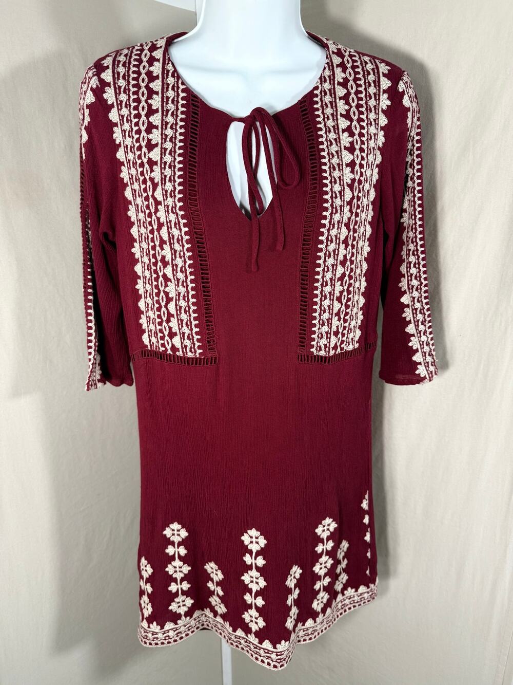Alya Embroidered Boho Tunic Dress Top Burgundy XS